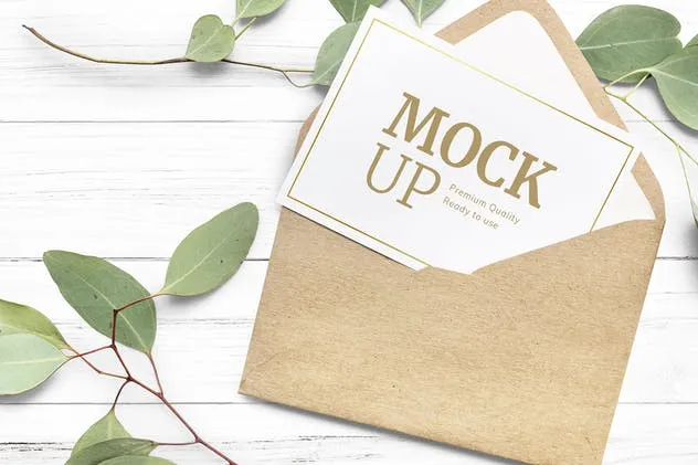 极简主义婚礼请柬/明信片/信封样机 Paper and Leaves Mockup插图(1)