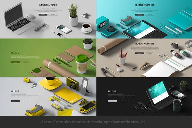 超级等距场景样机模板[100+电子设备/包装/纸张/文具物体] Mockupper Isometric插图(2)