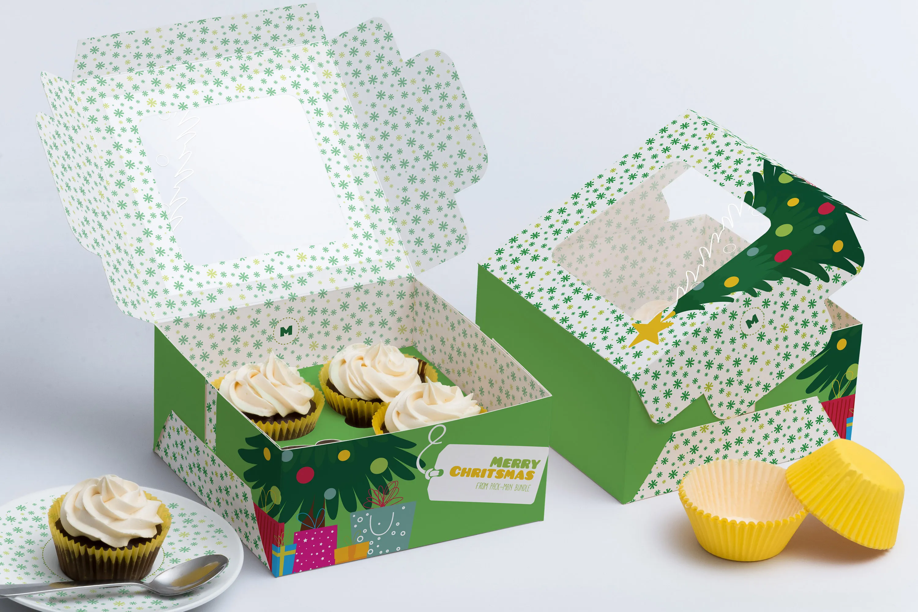 四只装纸杯蛋糕礼盒包装外观设计样机 Four Cupcake Box Mockup 01