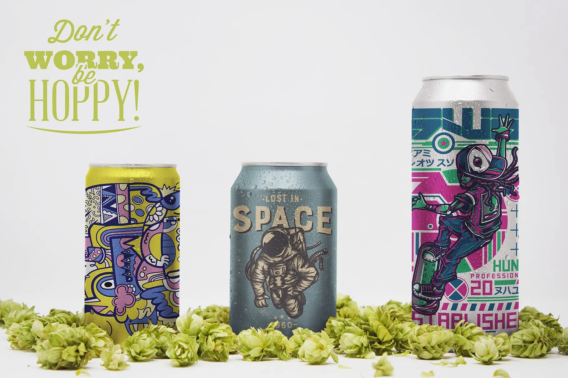 三种不同Size啤酒易拉罐外观设计图素材库精选 Front Beer Can Trio Mockup插图(2)