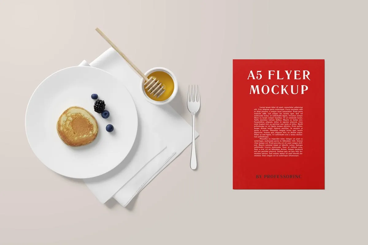 A5品牌传单印刷品样机模板 A5 Portrait Flyer Mockup#8211; Breakfast Set