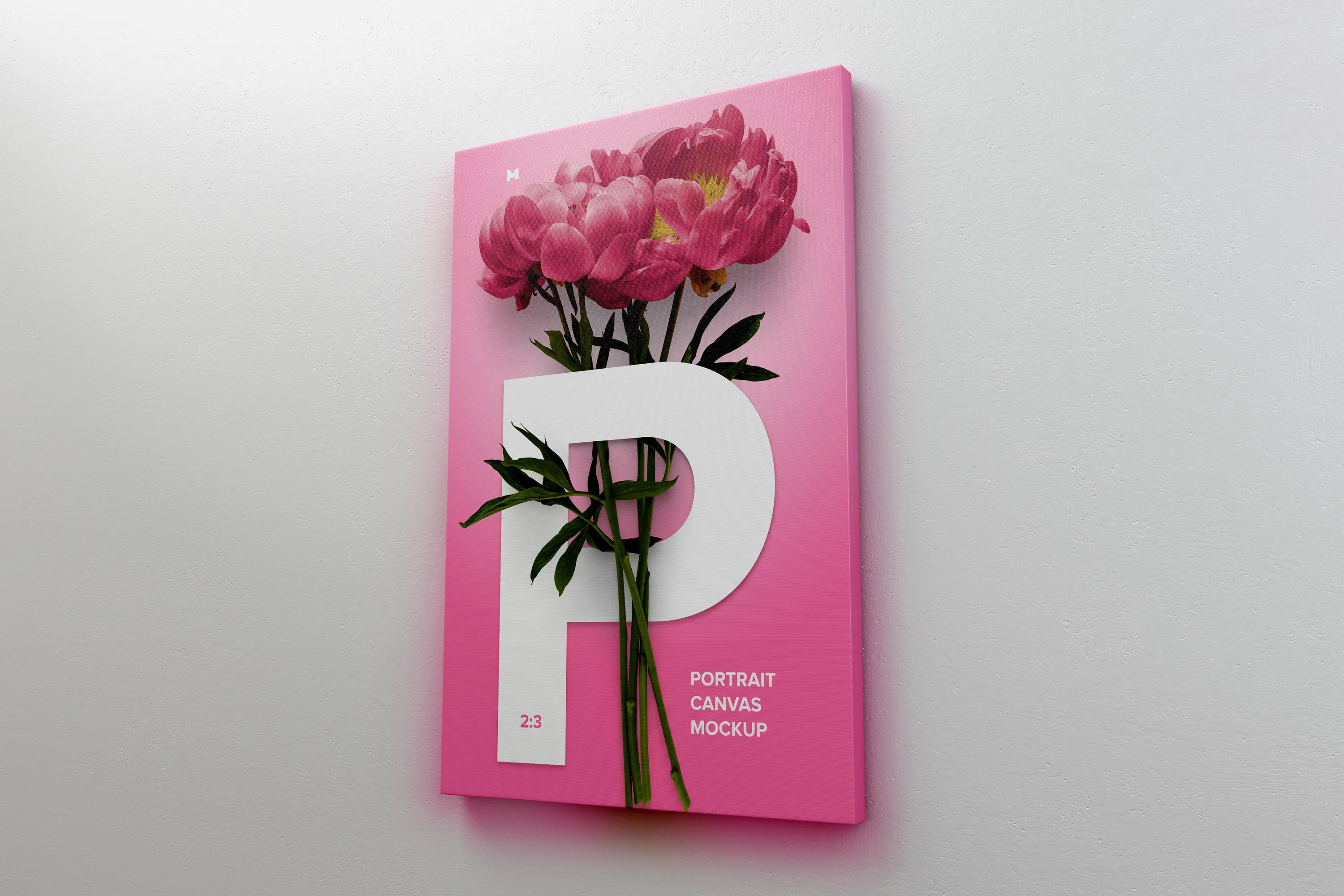 挂墙艺术画像展览画框右视图样机模板素材 2:3 Portrait Canvas Mockup Hanging on Wall, Right View