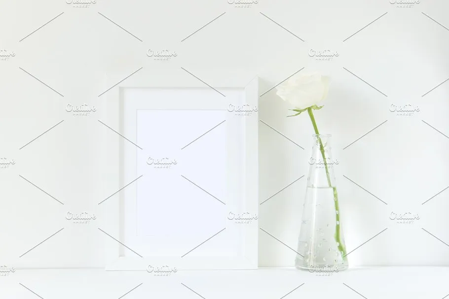 极简主义白玫瑰装饰画框样机 White frame mockup with rose