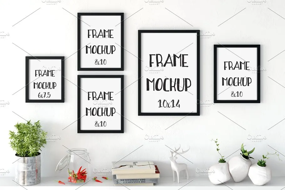 室内挂墙白色画框相框样机 Interior Frames Mockup in white插图(1)