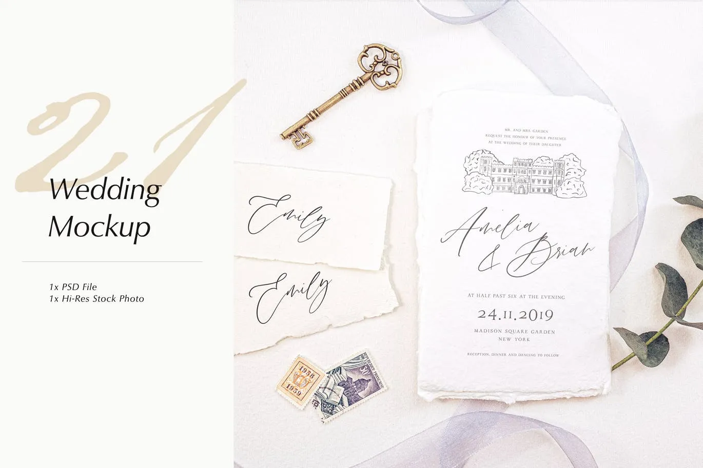 婚礼照片婚礼邀请函优雅风格设计样机素材库精选模板v21 Wedding Photo Mockup 21插图