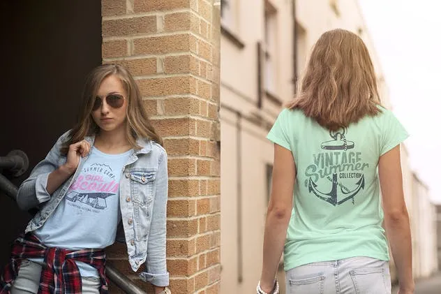 女款V领T恤欧美时装模特上身效果样机 Crew Neck T-shirt Mock-up Female Version插图(4)