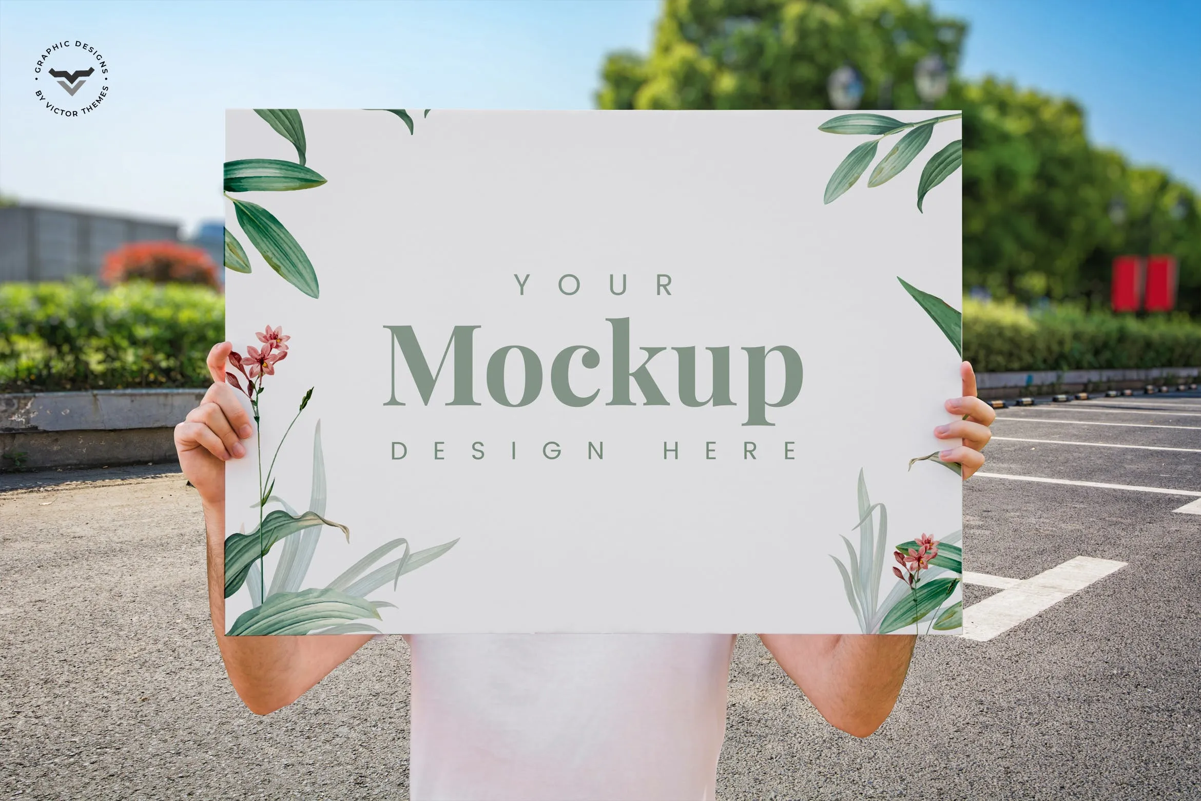 男子展示海报设计效果图样机像素设计精选 Man Presenting Poster Mockup