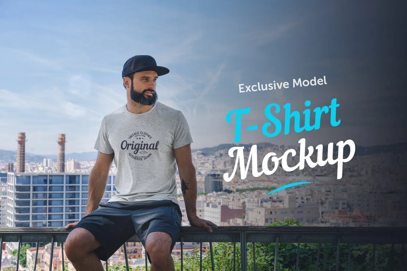 男模特街拍T恤印花设计预览样机 T-Shirt Mockup with Model插图