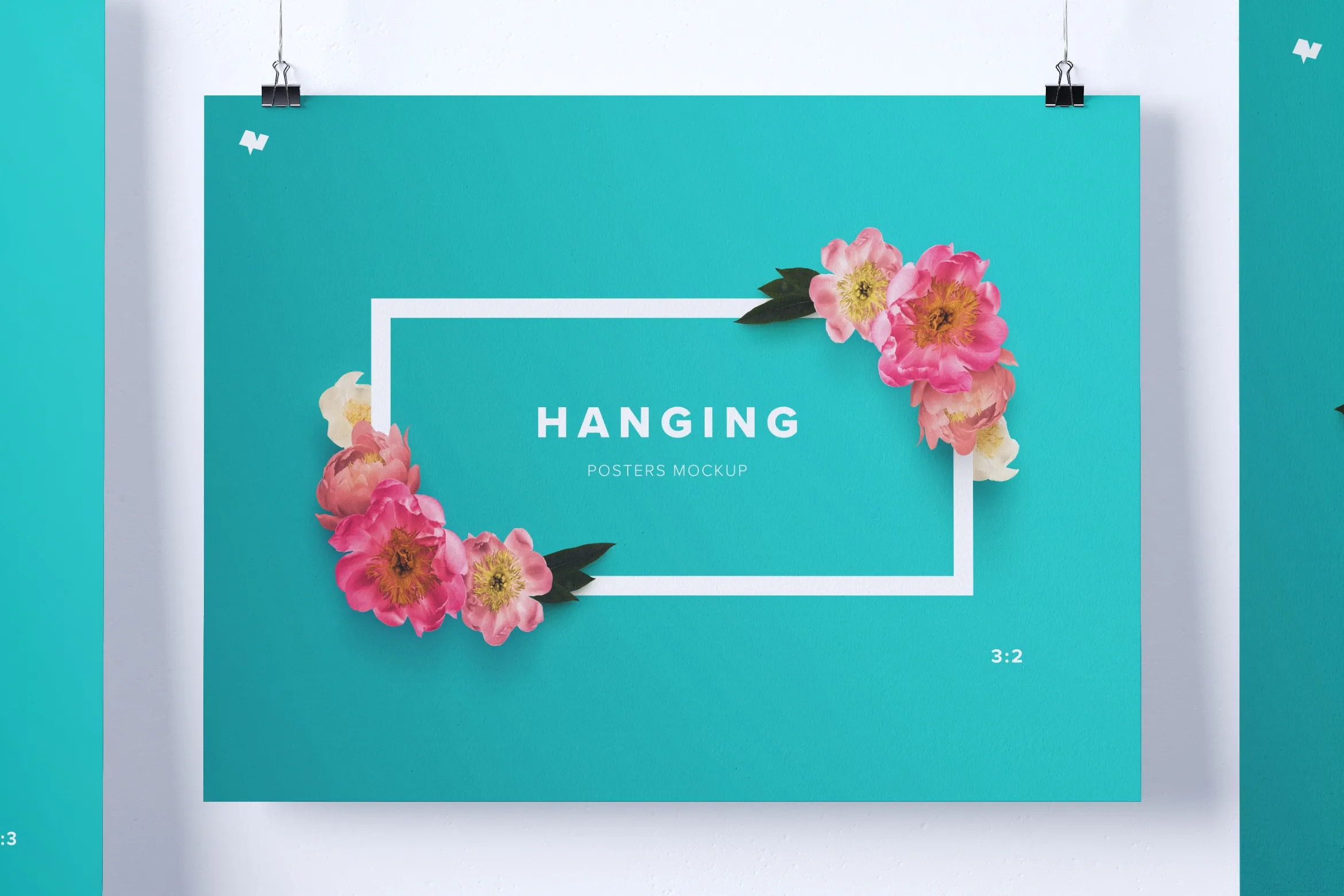 悬挂海报设计印刷效果预览样机模板 Three Hanging posters mockup插图(1)