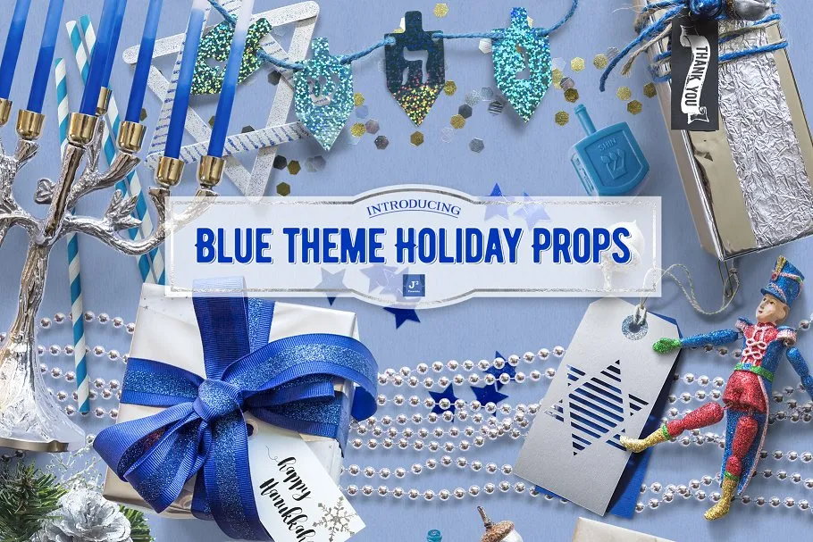 蓝色格调假日和光明节场景设计装饰元素 Holidayamp; Hanukkah Props in Blue
