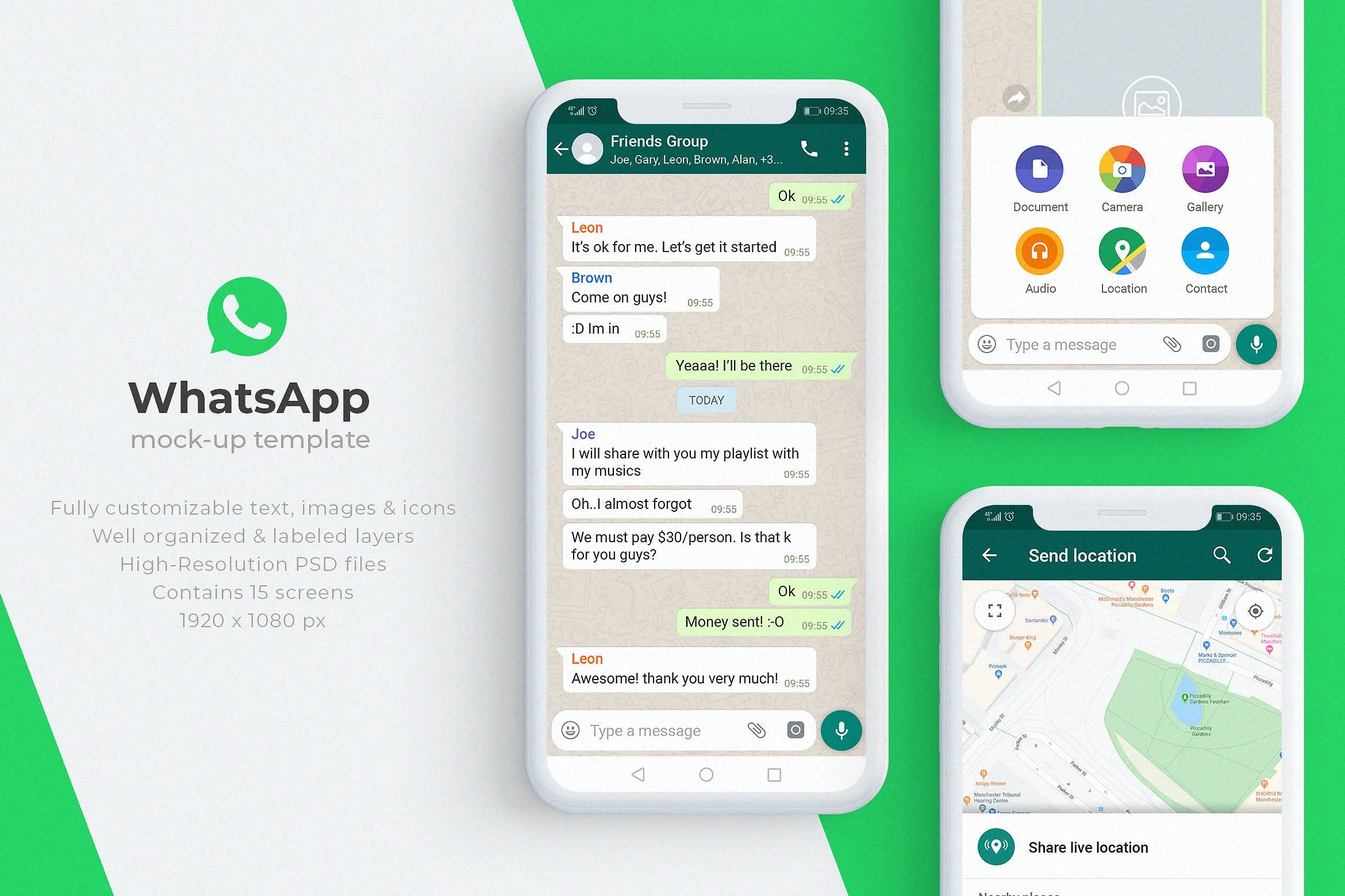 WhatsApp应用界面设计展示像素设计精选样机模板 WhatsApp Mock-Up Template