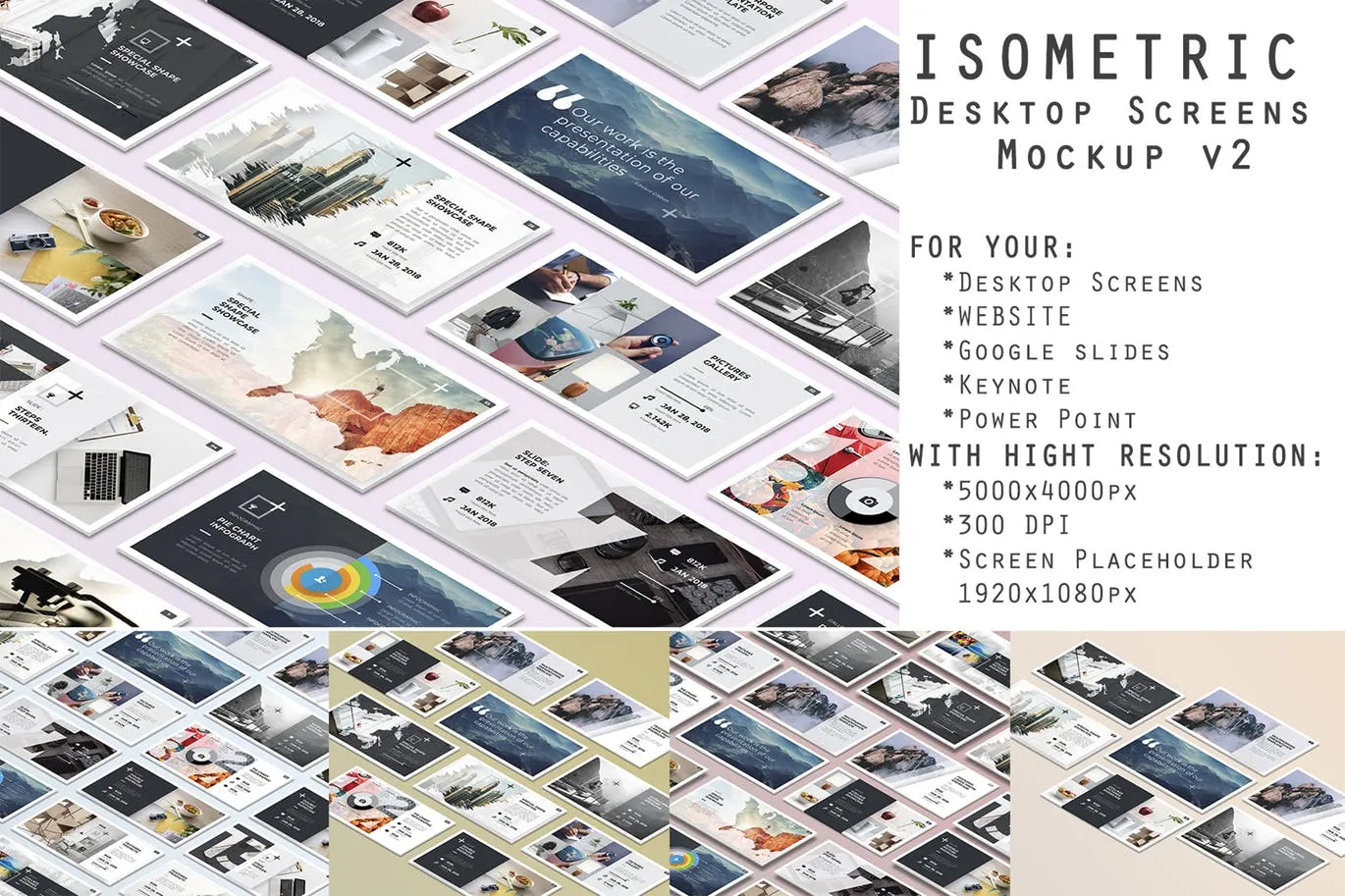 等距桌面屏幕截图预览样机v2 Isometric Desktop Screens Mockup V02