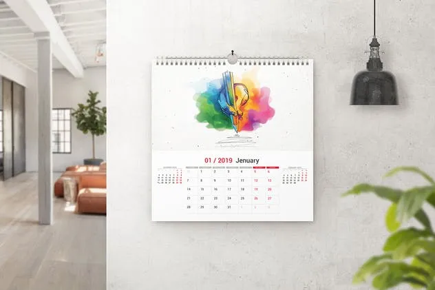 方形挂墙活页日历样机模板 Square Wall Calendar Mockups插图(1)