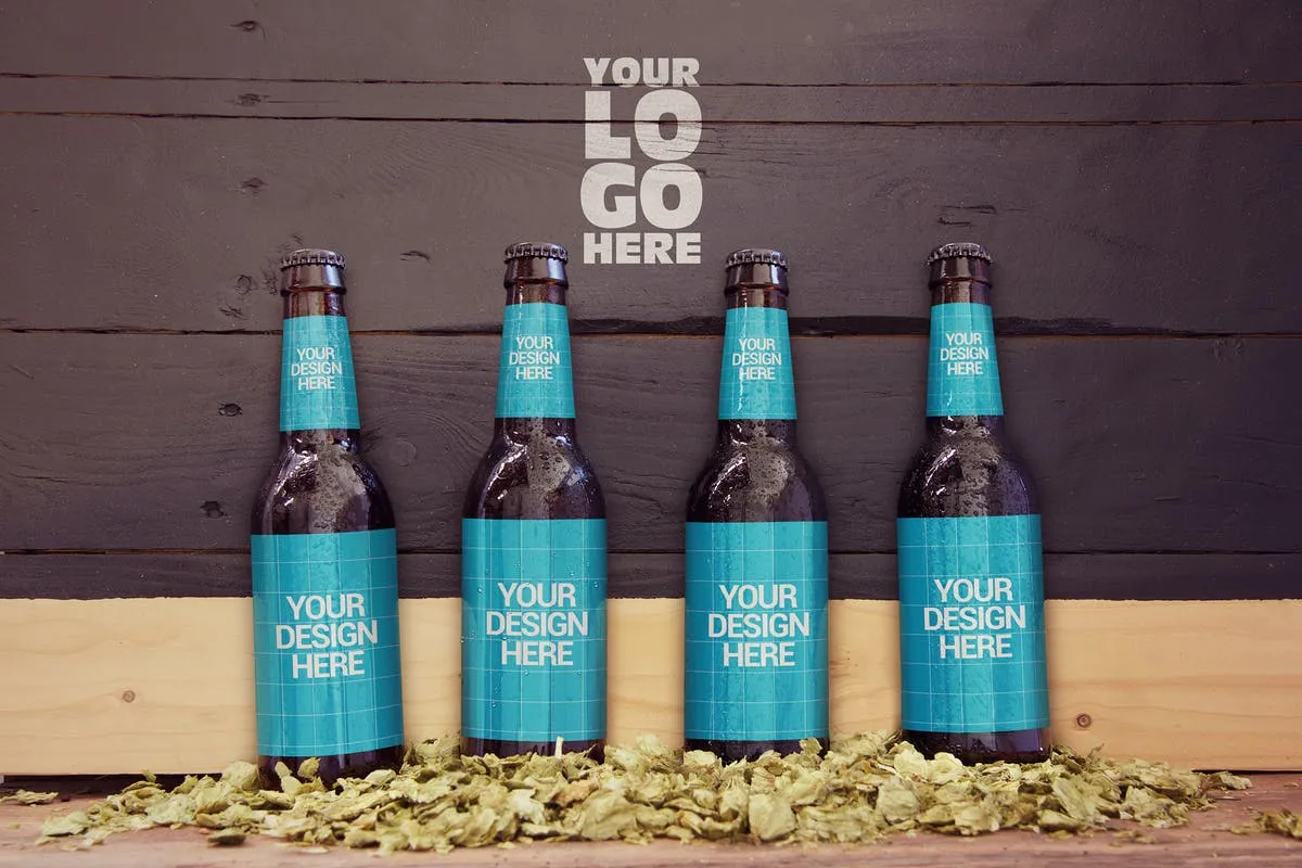 木墙场景啤酒瓶外包装设计样机模板 Wood Wall Malt Ingredient 4 in 1插图