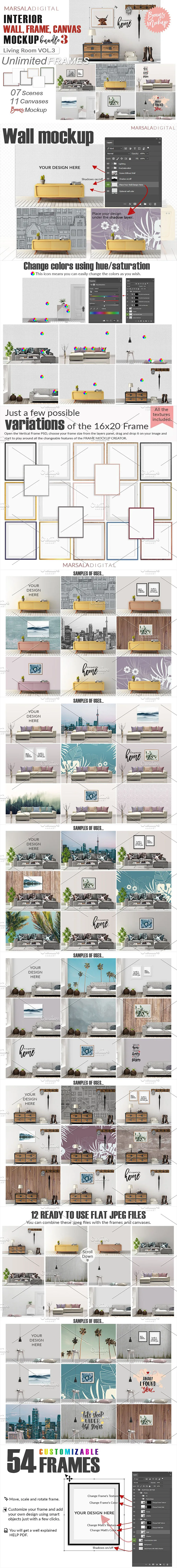 像素设计下午茶：各种各样的室内场景装饰画展示画框模型下载[PSD]