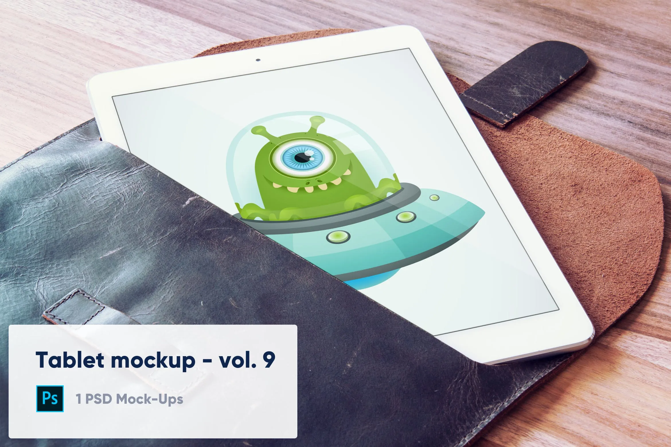 真皮保护套中的iPad平板电脑演示素材库精选样机 Tablet in Leather Case on Wooden Desk Mockup插图