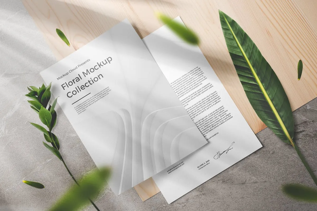 绿色植物花卉装饰印刷品品牌样机 Floral Packaging and Branding Mockups
