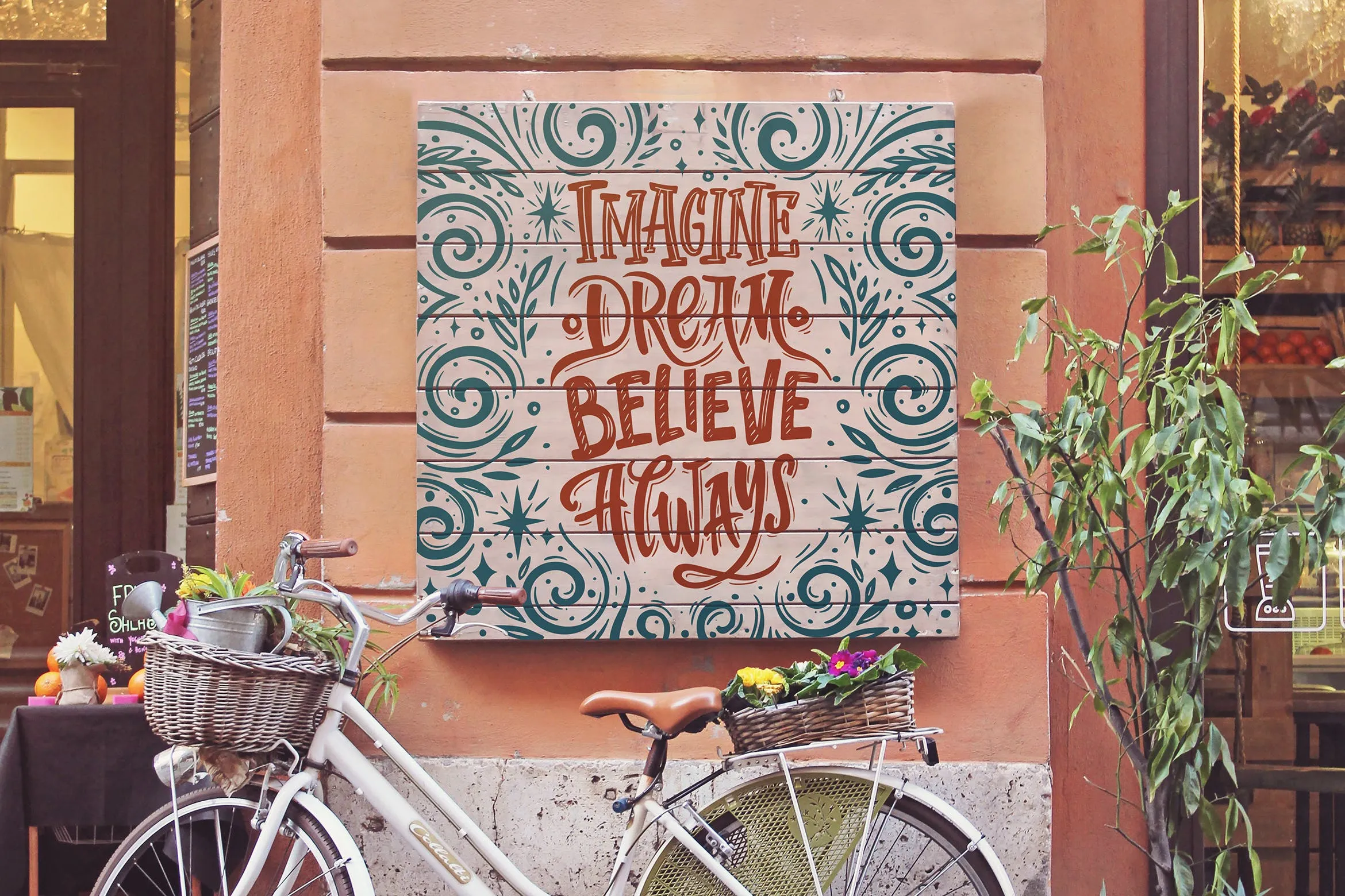 实木手工绘制告示牌设计效果图样机 Bike Duo Signboard Mockup