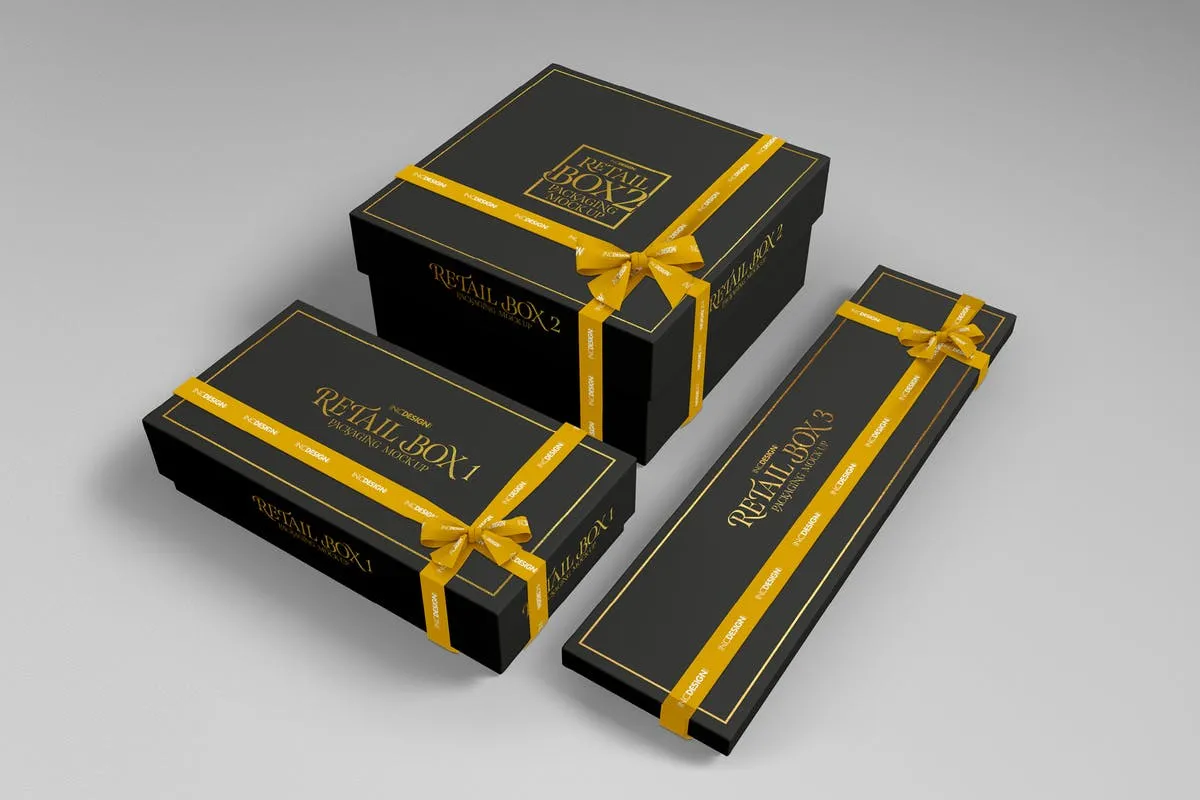 豪华金身丝带礼品盒包装样机Vol.2 Retail Boxes Vol.2: Bagamp; Box Packaging Mockups