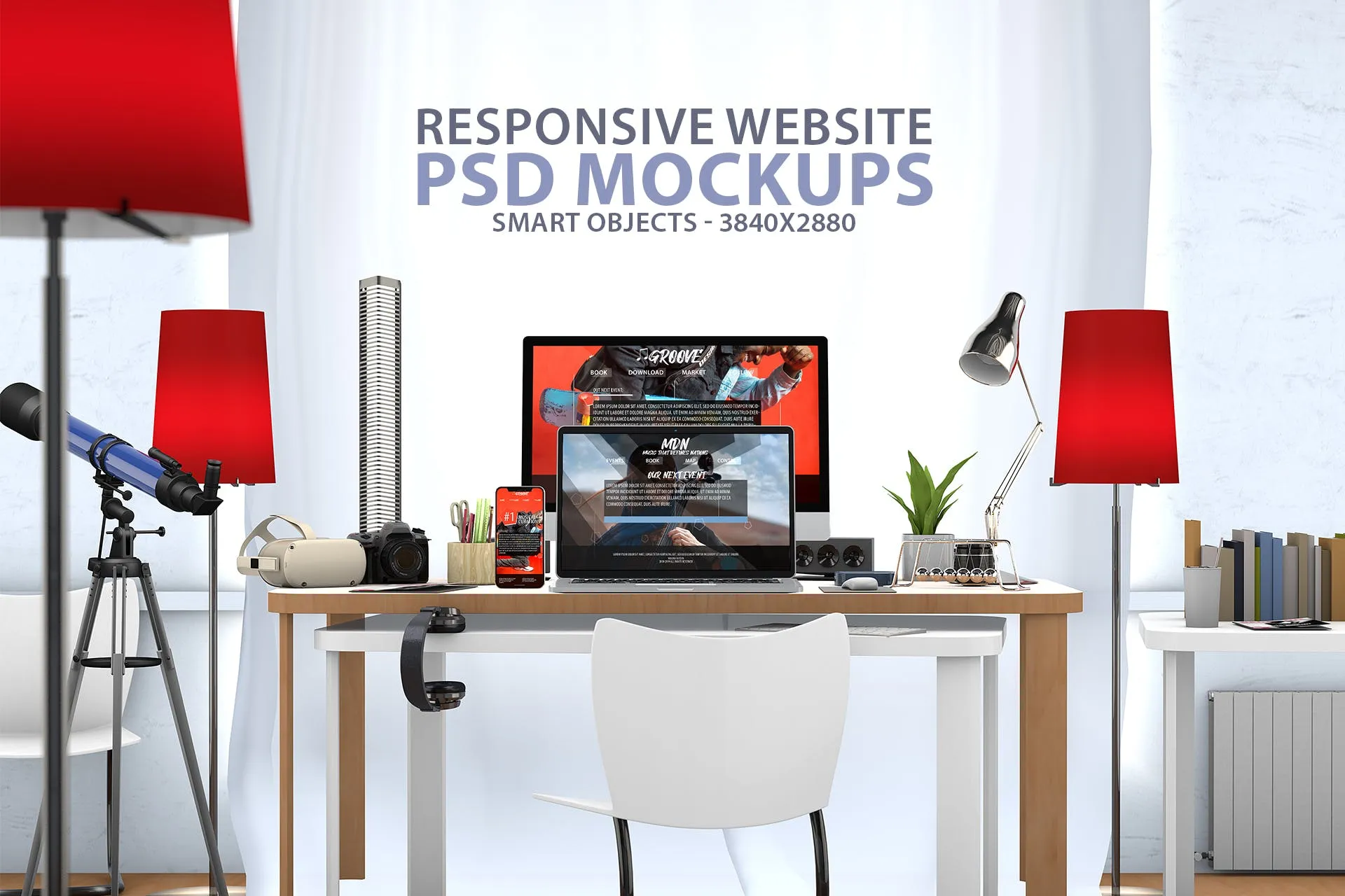 创意办公桌面响应式设计效果图预览样机像素设计精选 Responsive Website PSD Mock-up Desk