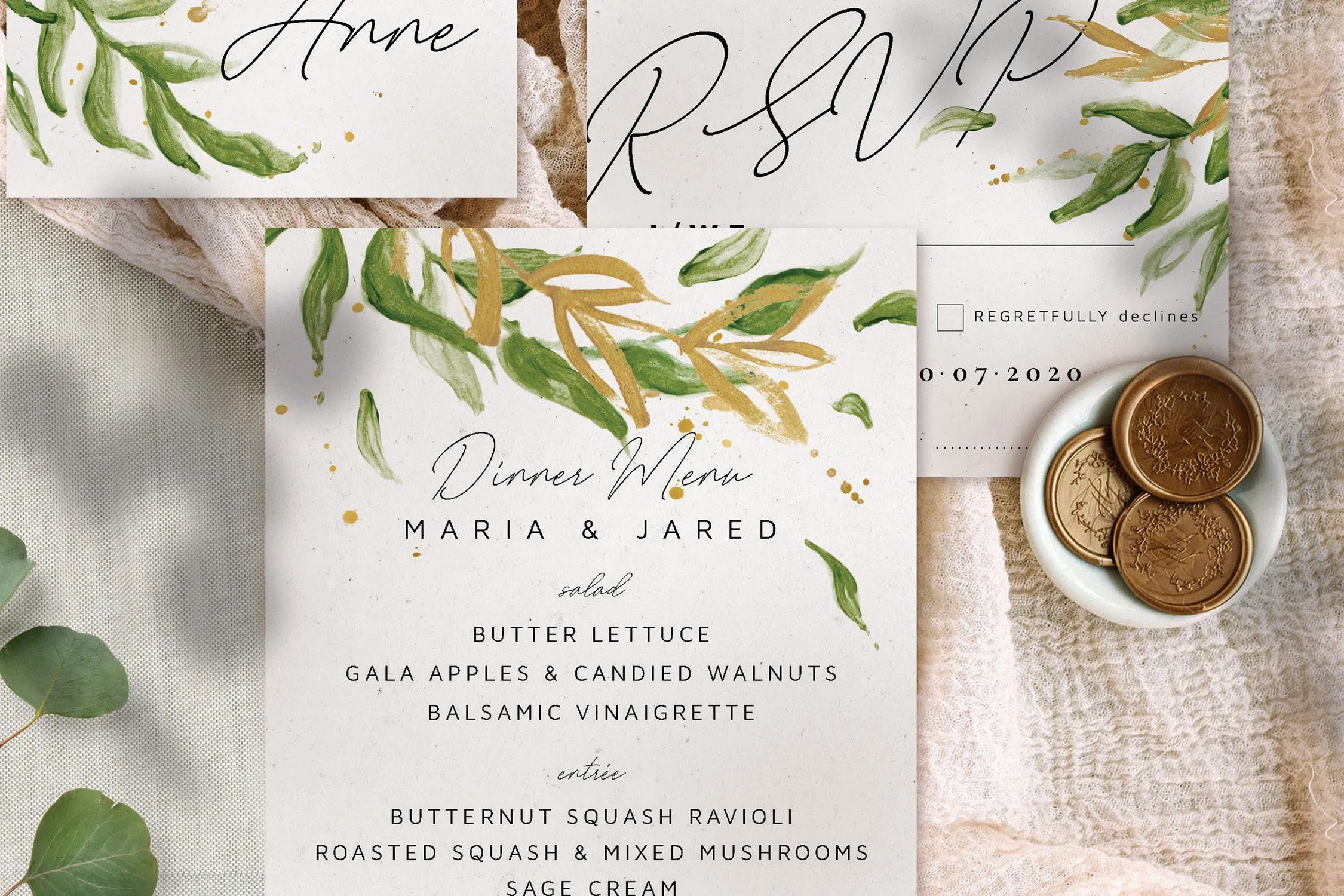 金绿色水彩手绘风格婚礼请柬邀请函设计模板 Gold Greenery Wedding Invitation Suite插图(3)