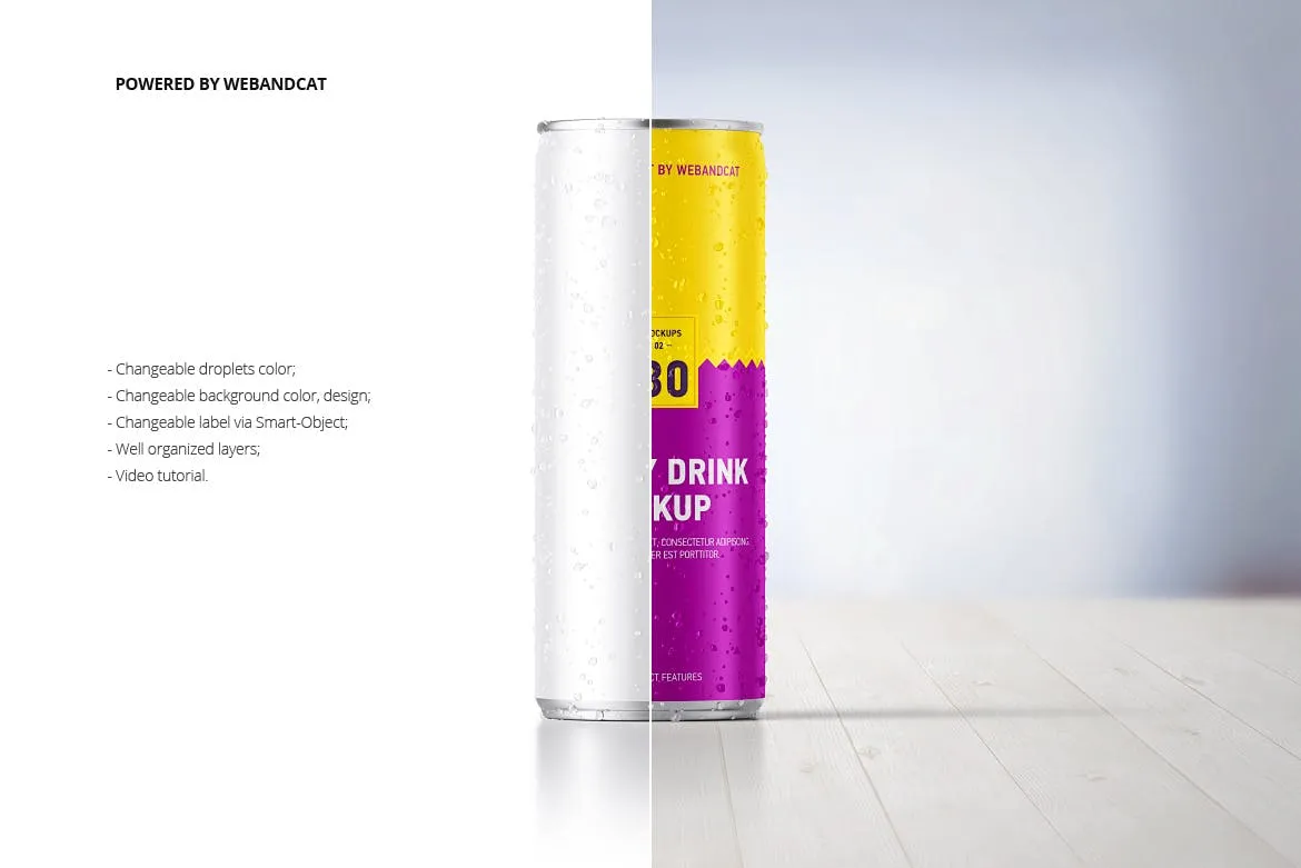 能量饮料罐头外观设计样机模板 Energy Drink Can Mock-up with Water Droplets插图(1)