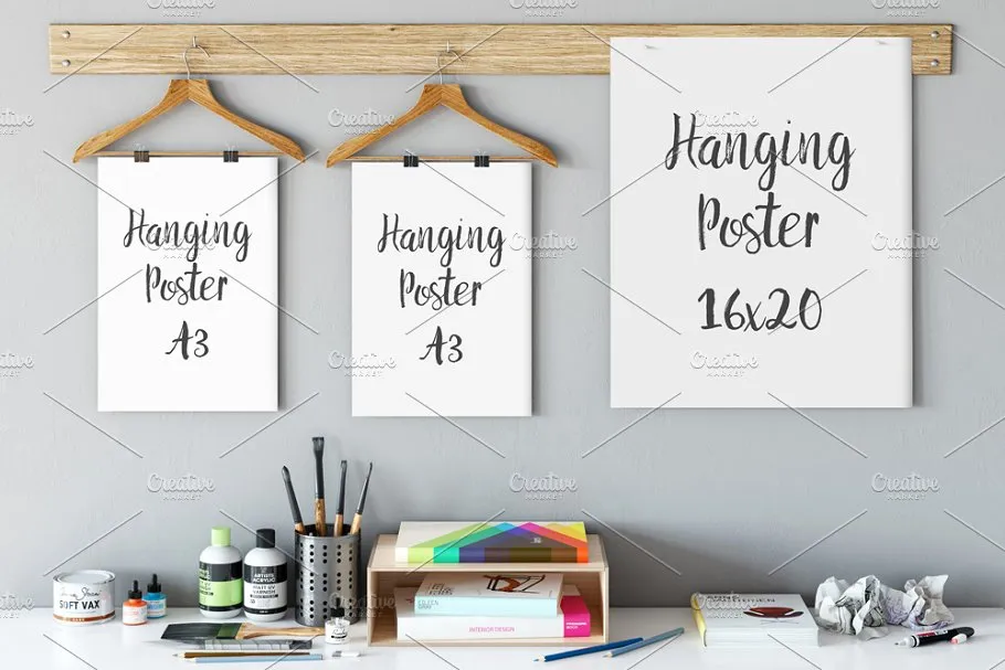 悬挂式艺术作品展示样机模板 Frame Mockup (Hanging Poster)插图(1)