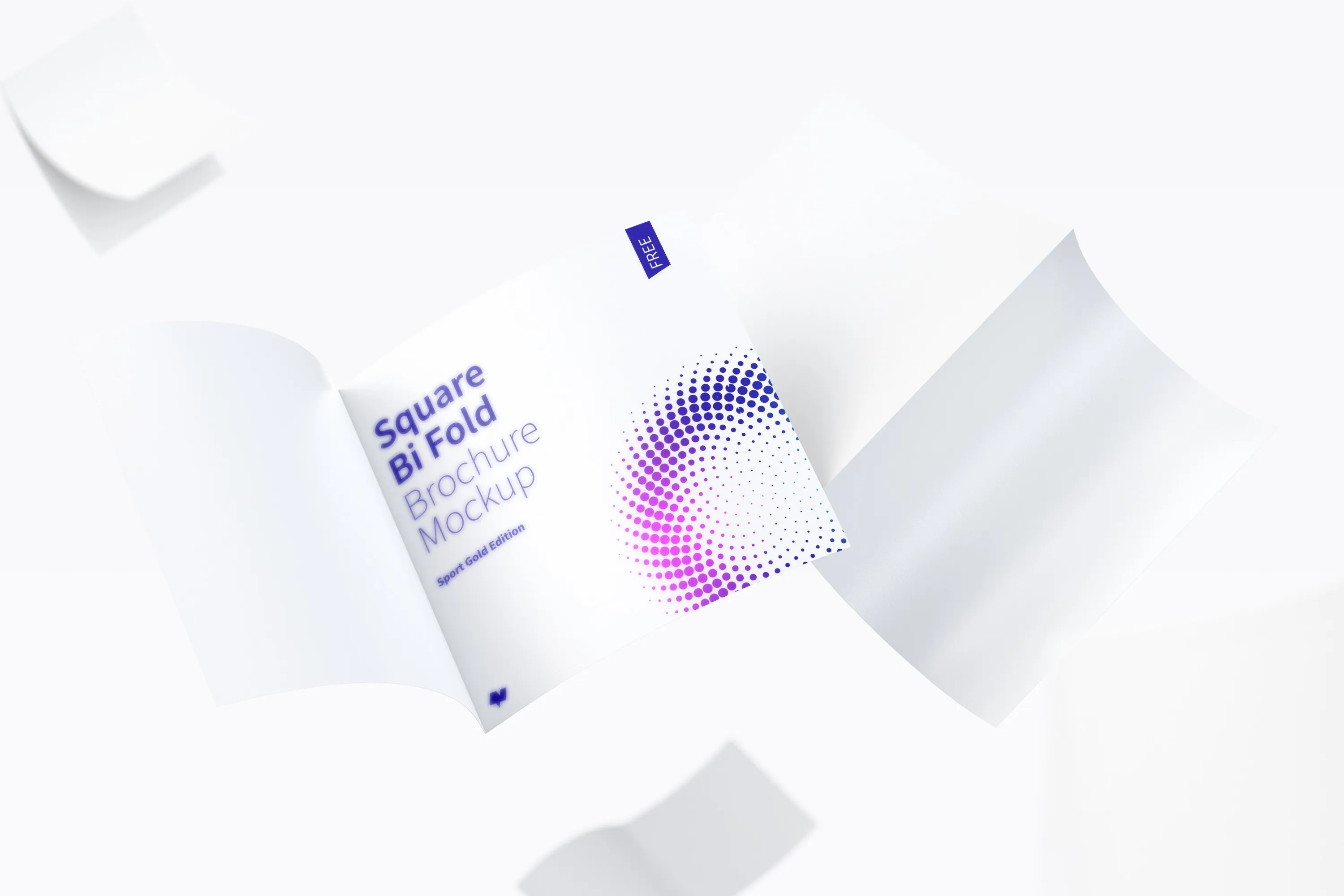 漂浮的方形对折小册子传单设计预览免费样机模板 FREE Square Bi Fold Brochure Mockup, Floating 3K