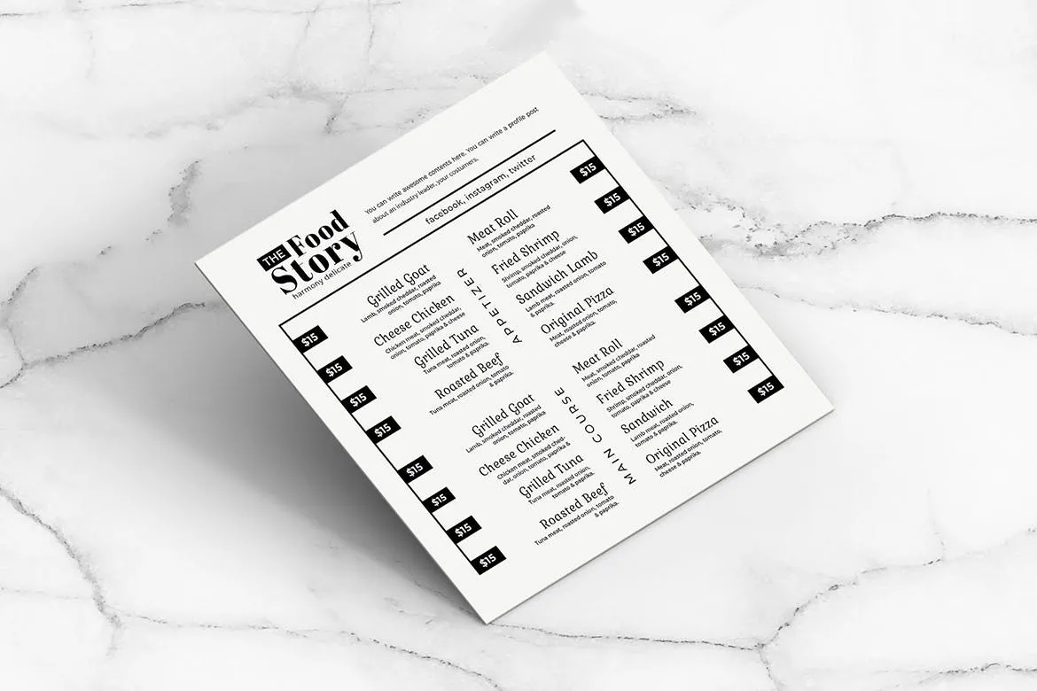 黑白配色西餐素材库精选菜单模板v01 Square Food Menu. 01插图(1)