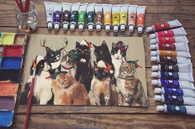 画室场景速写画作展示牛皮纸样机模板 Paperboard Paint Scene Desk插图(1)