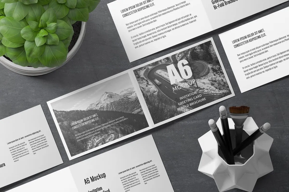 A6横向双折页宣传册样机 A6 Landscape Bi-Fold Brochure Greeting Card Mockup插图
