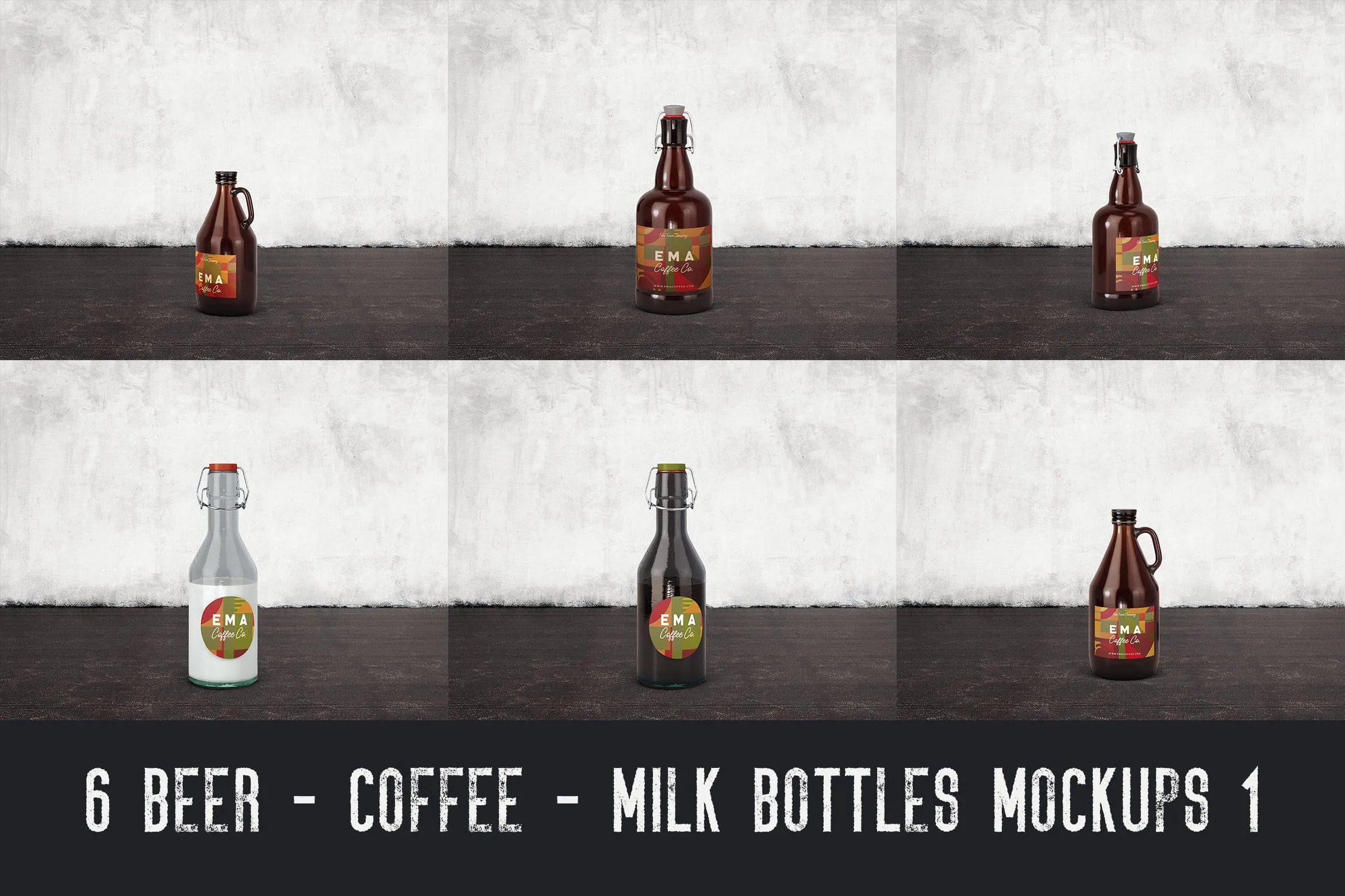 6个啤酒/咖啡/牛奶瓶外观设计像素设计精选v1 6 Beer Coffee Milk Bottles Mockups 1