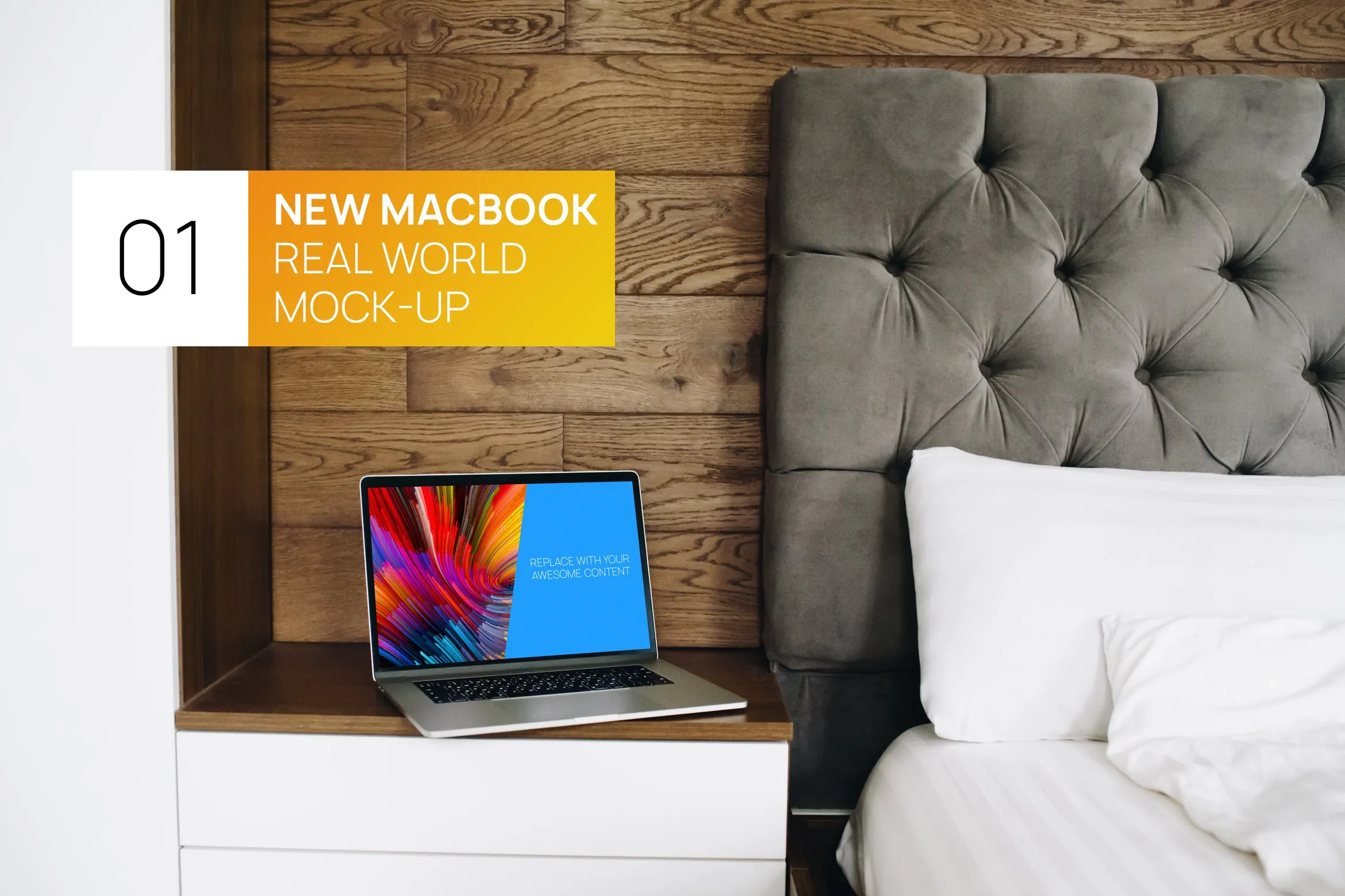 卧室场景MacBook Pro笔记本电脑屏幕演示像素设计精选样机 Interior MacBook Pro Touchbar Real World Mock-up