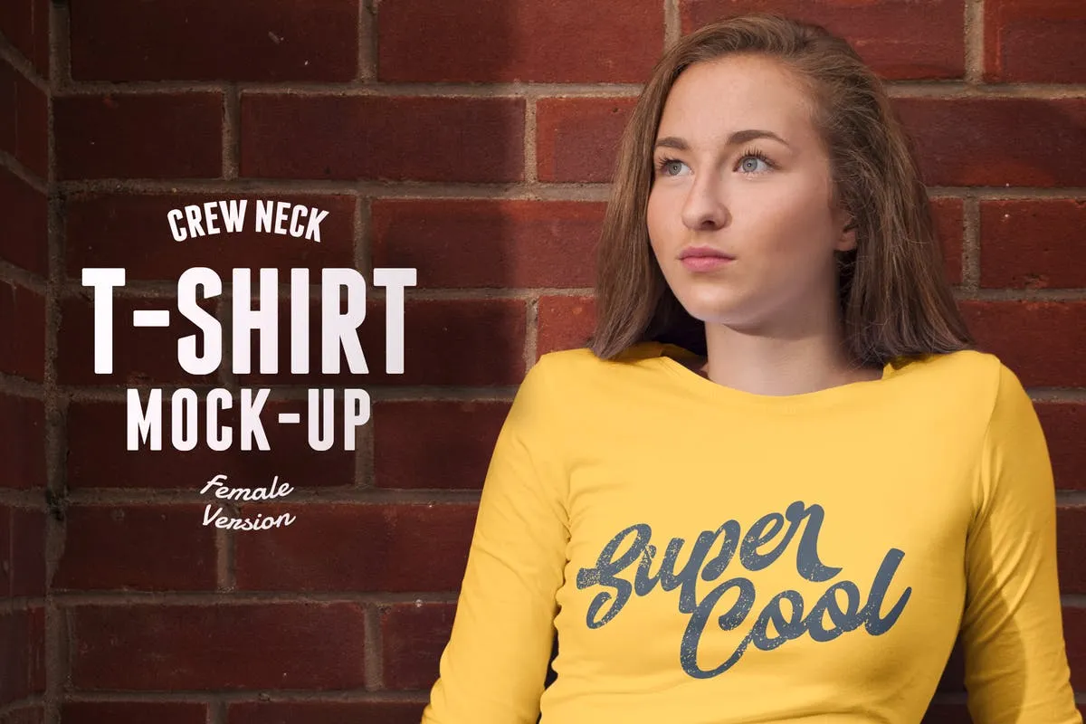 实景拍摄女款T恤模特上身效果样机模板 Crew Neck T-shirt Mock-up Female Version插图