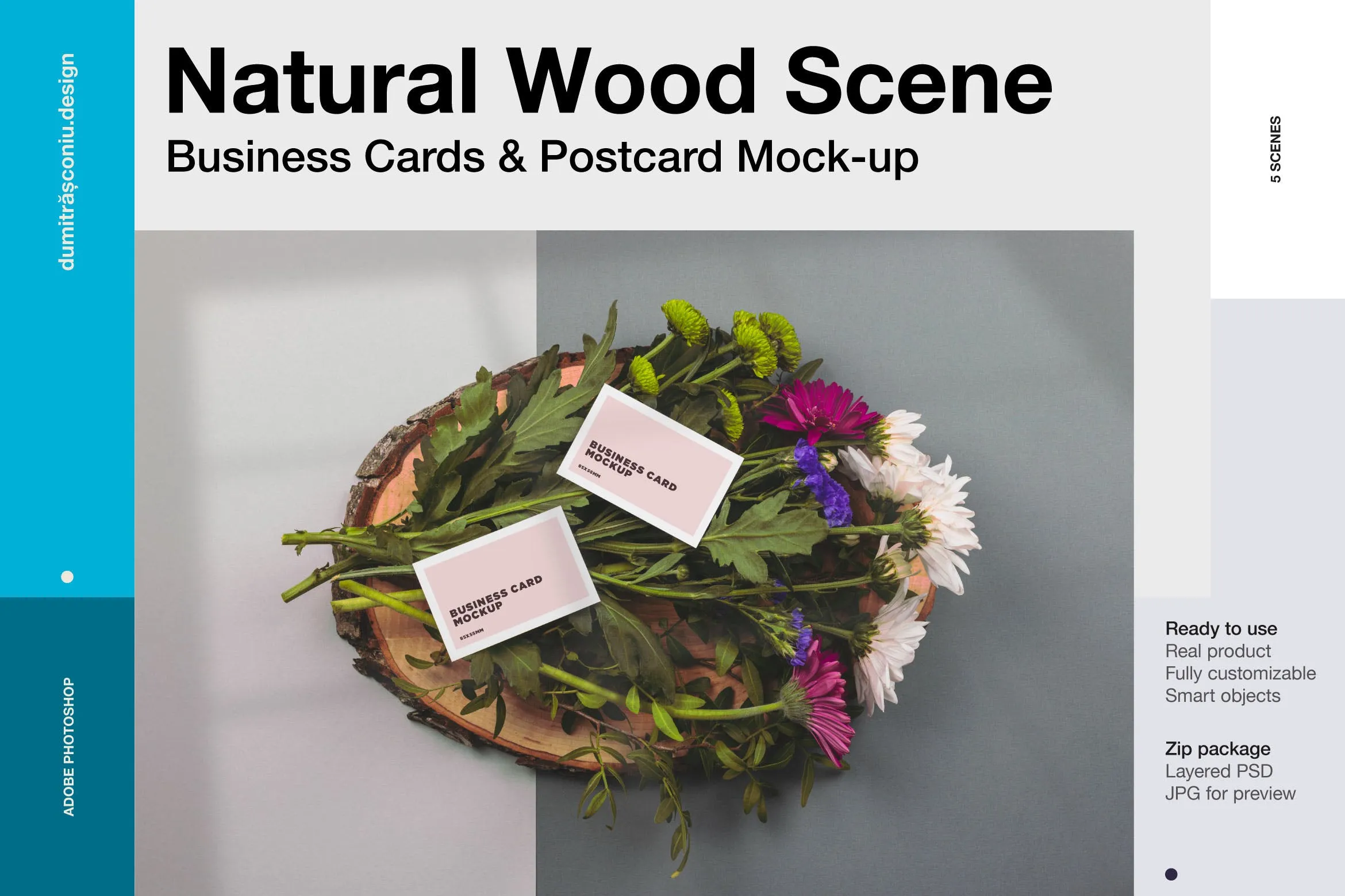 鲜花背景名片和明信片设计效果样机模板 Natural Scene#8211; Business cardsamp; postcard mockup