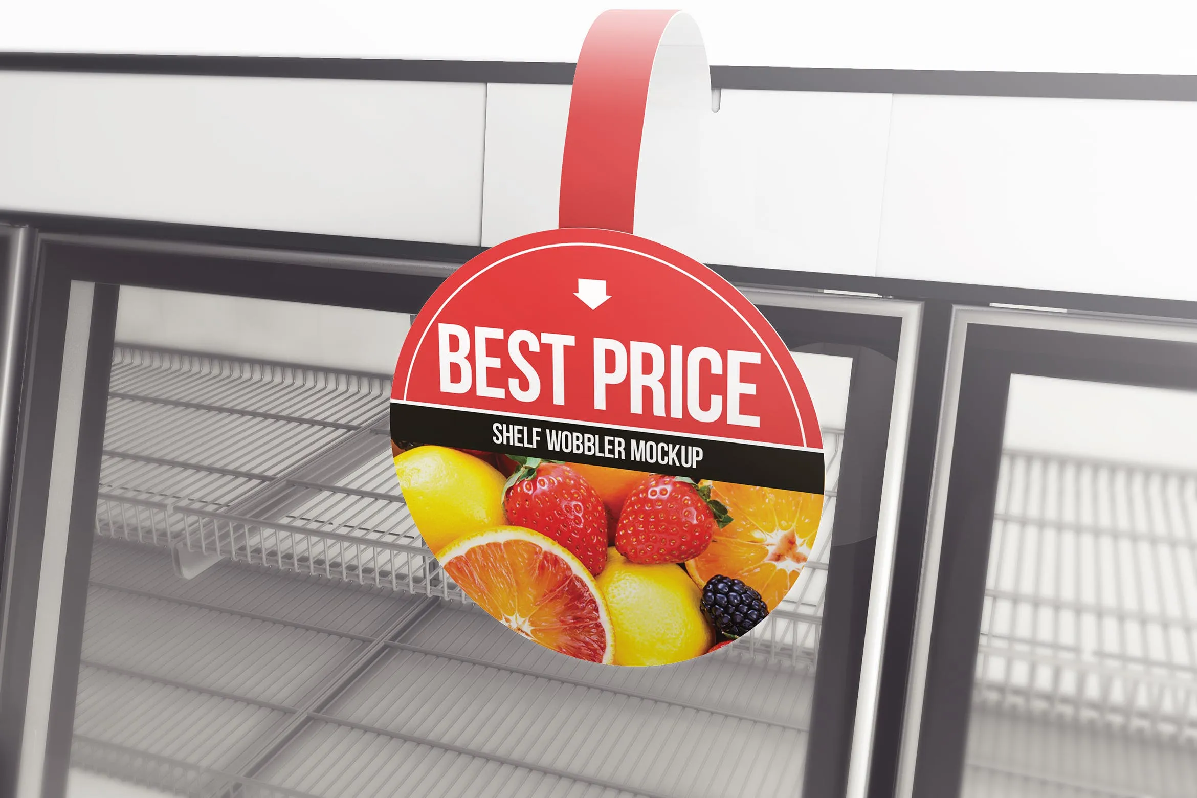 超市货架圆形品牌/促销广告牌样机像素设计精选模板 Circle Shelf Wobbler Mockup