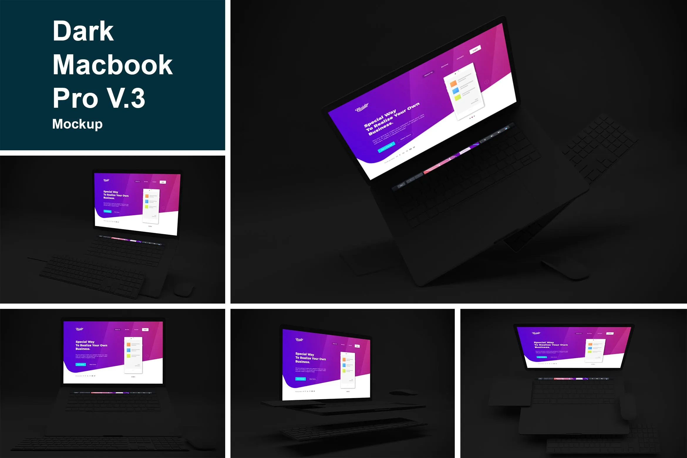 暗黑背景MacBook Pro笔记本电脑设计图预览素材库精选样机v3 Dark Macbook Pro Mockup V.3插图