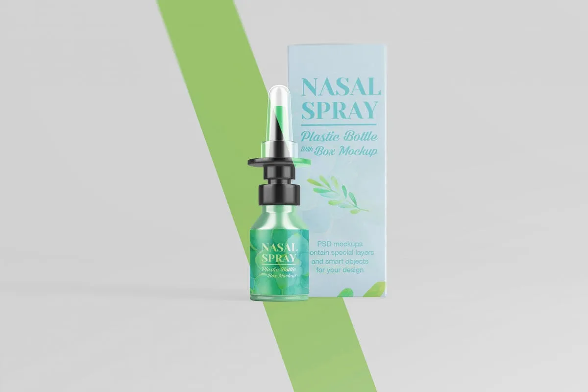 滴鼻药剂塑料瓶及包装盒外观设计样机 Nasal Plastic Bottle With Box Mockup