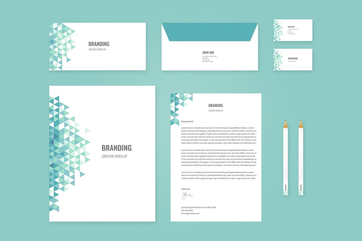 企业品牌办公用品样机模板 Branding Identity Mock Up – Teal Tirangles插图