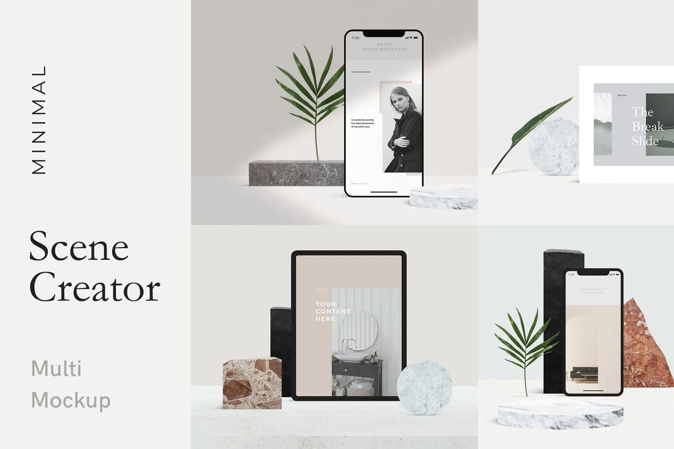 62个预制场景响应式UI设计展示素材库精选样机套装 Minimal Multi Mockup Scene Creator插图