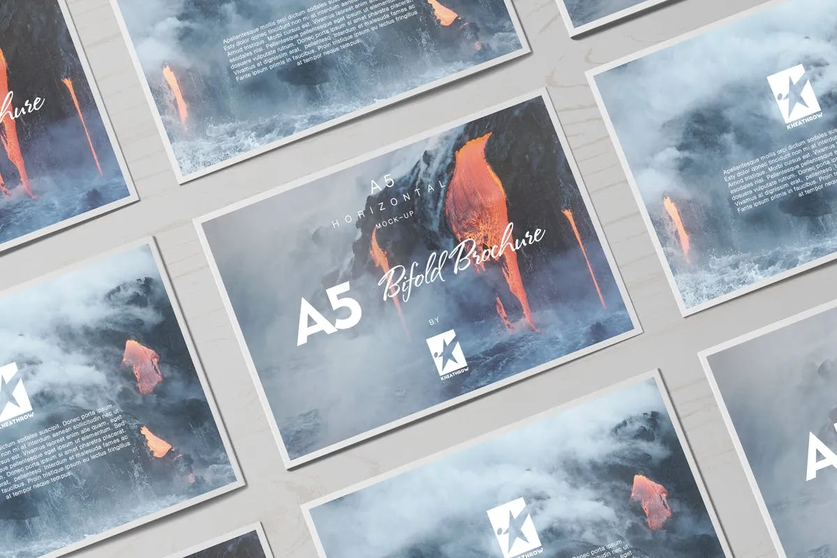 A5尺寸规格宣传册设计平铺视觉样机模板 Bi-Fold A5 Horizontal Brochure Mock-Ups Vol.1