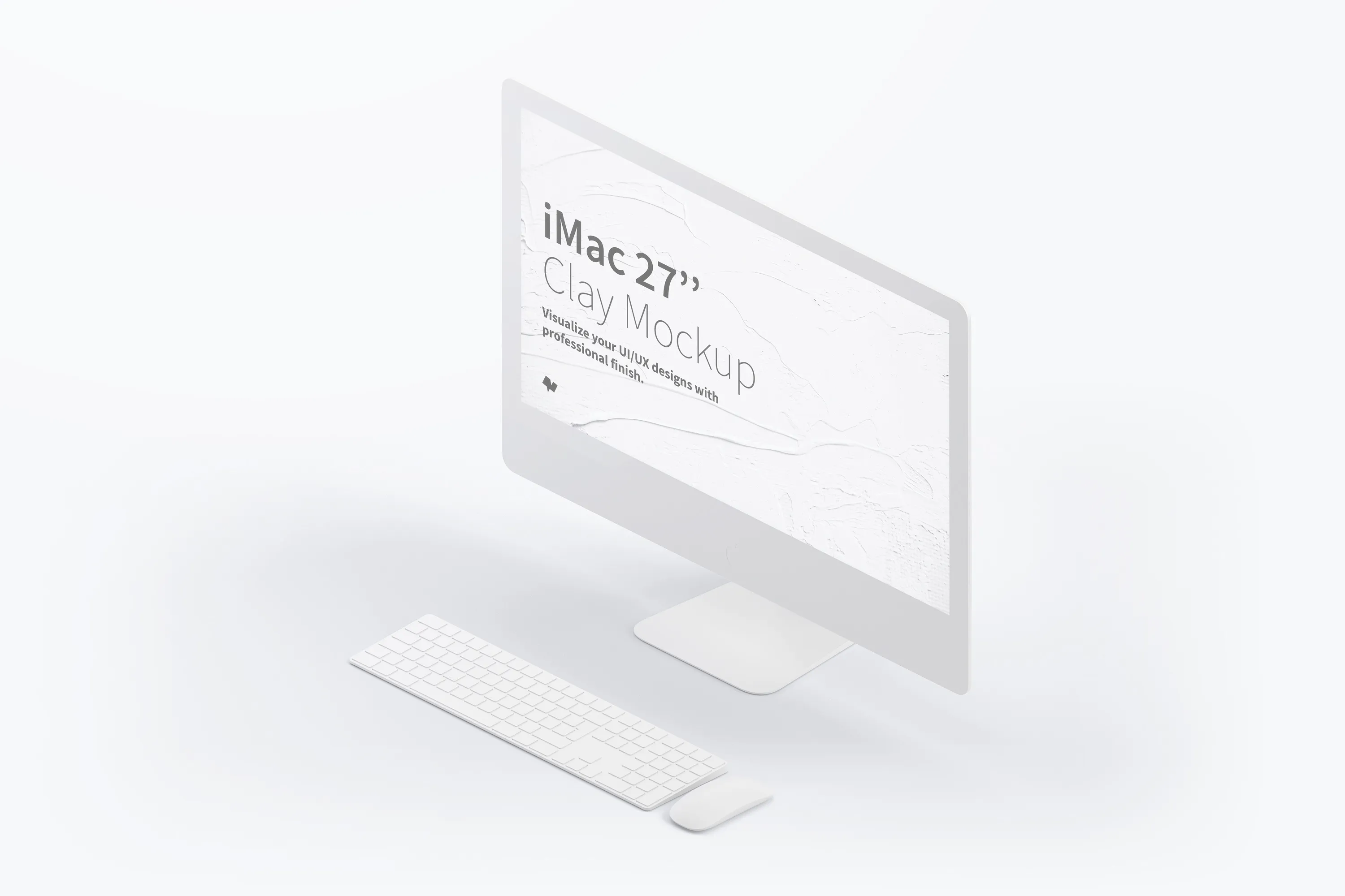 27寸iMac一体机Web界面设计效果图预览右视图样机 Clay iMac 27” Mockup, Isometric Right View