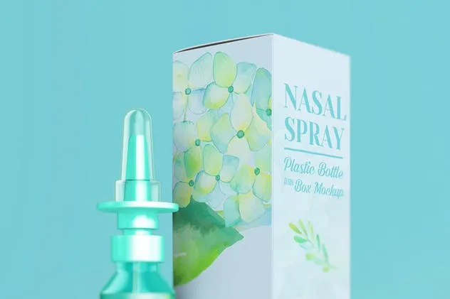 滴鼻瓶外观及包装设计样机模板 Nasal Spray Clear Bottle With Box Mockup插图(10)