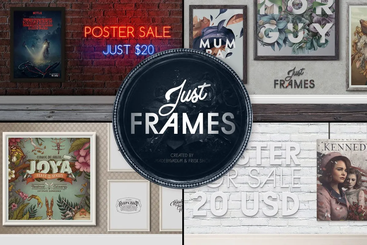 实体墙背景海报艺术作品展示样机模板 Just Frames – Prints Mockups插图