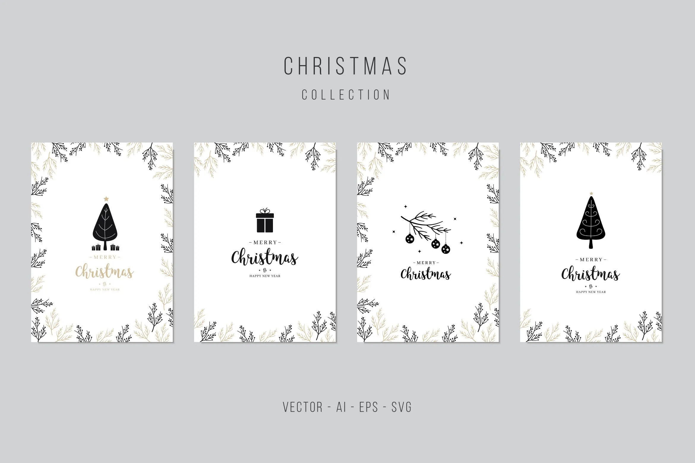 植物手绘图案圣诞节贺卡矢量设计模板集v1 Christmas Greeting Vector Card Set