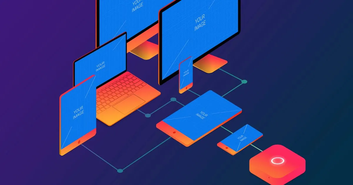 响应式网站设计效果图等距设备演示样机模板01 Isometric Responsive Devices Mockup 01插图