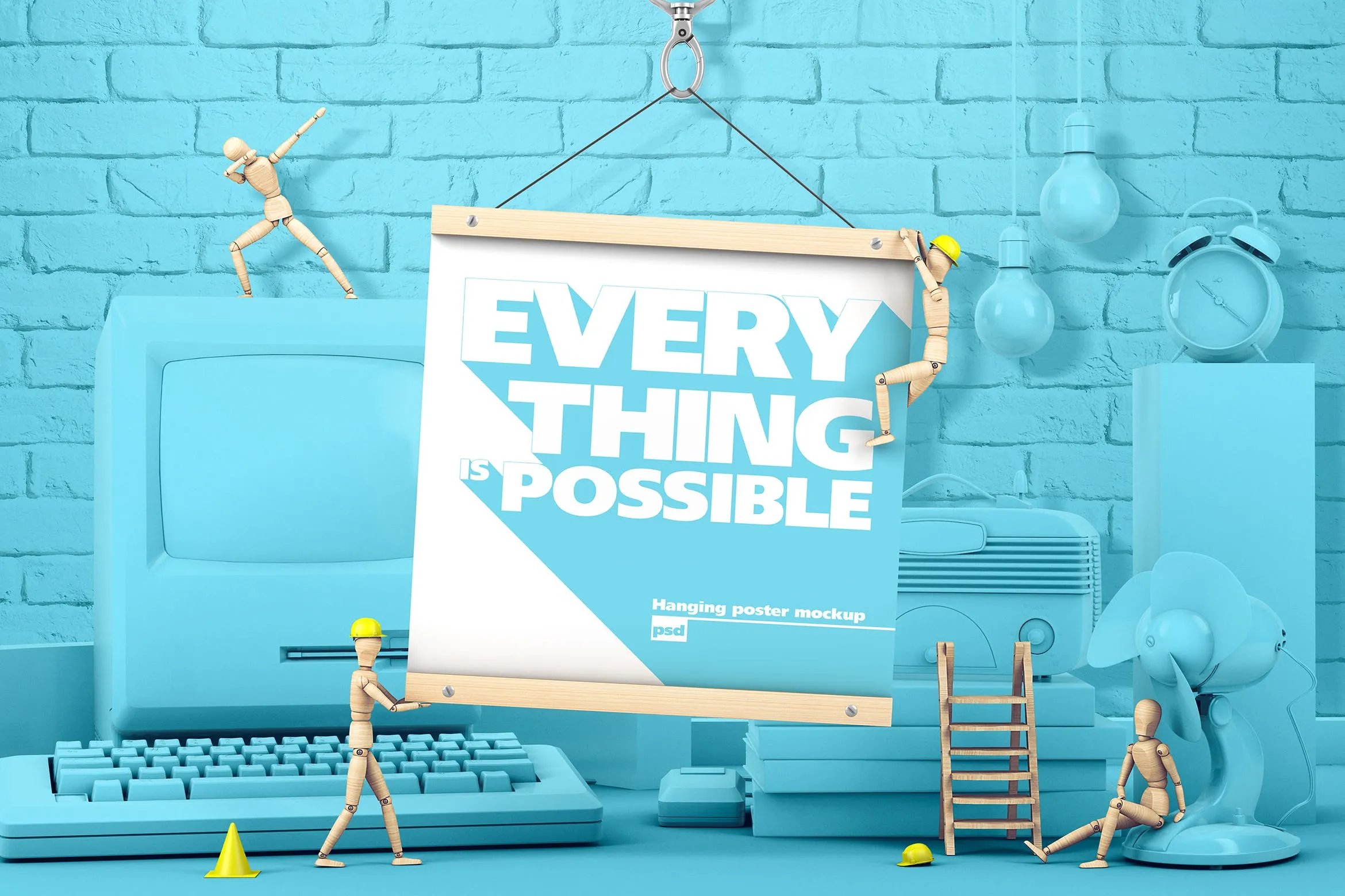 创意木偶场景海报设计效果图样机像素设计精选 Square Hanging Poster With Wooden Men Mockup