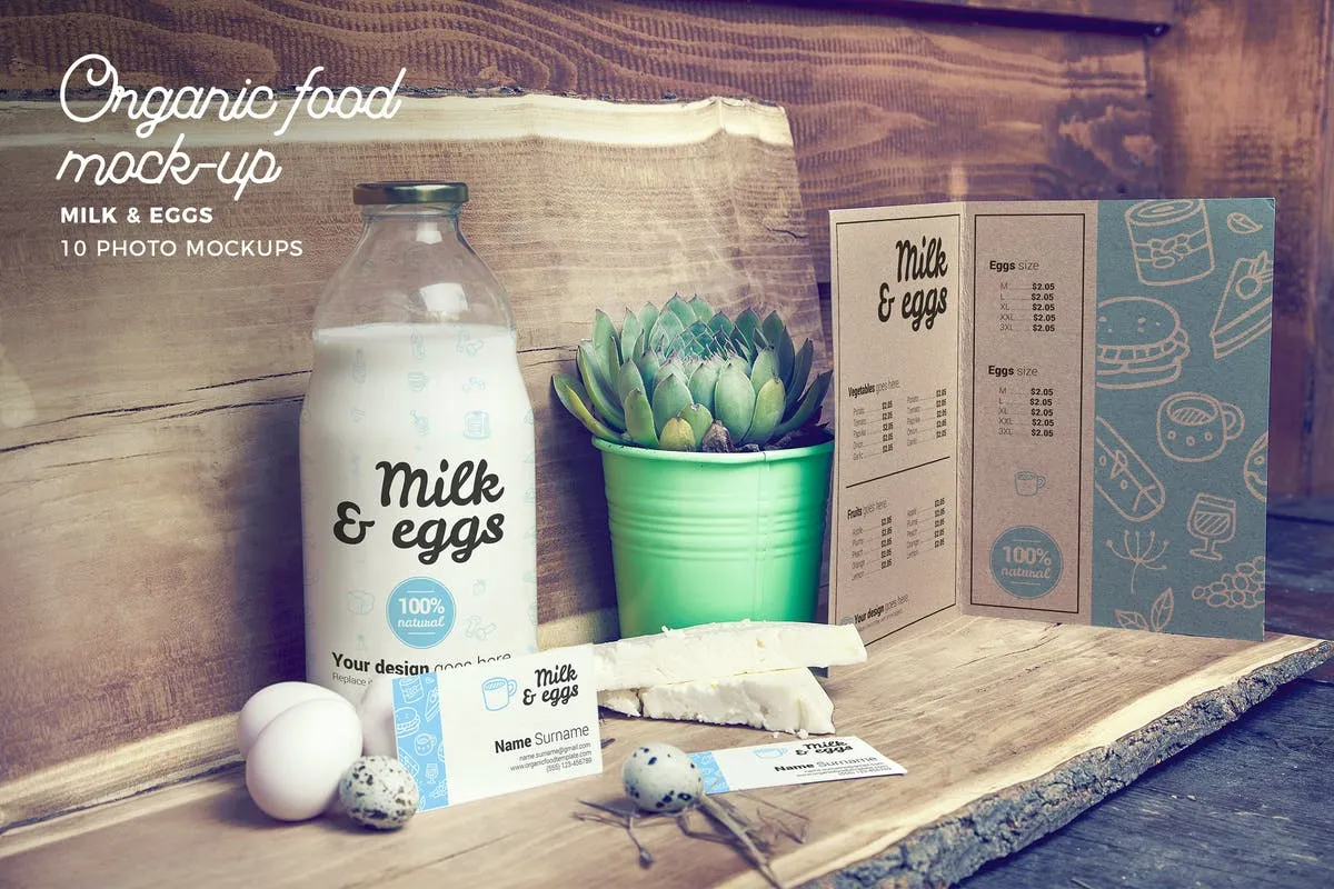 有机食物样机模板/牛奶amp;鸡蛋 Organic Food Photo Mockup / Milkamp; Eggs