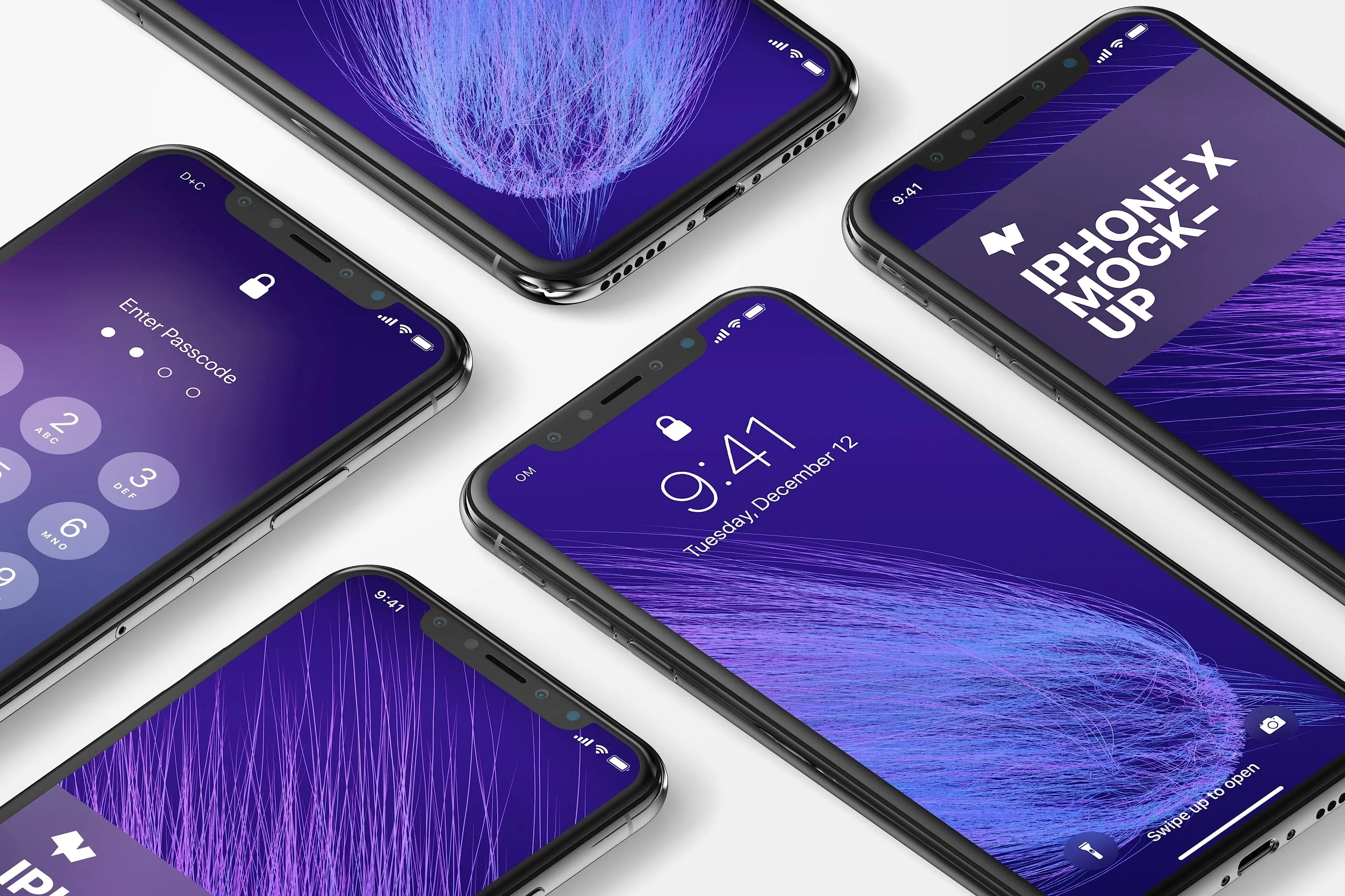 iPhone X多屏幕平铺视角手机应用UI设计效果预览样机07 iPhone X Mockup 07