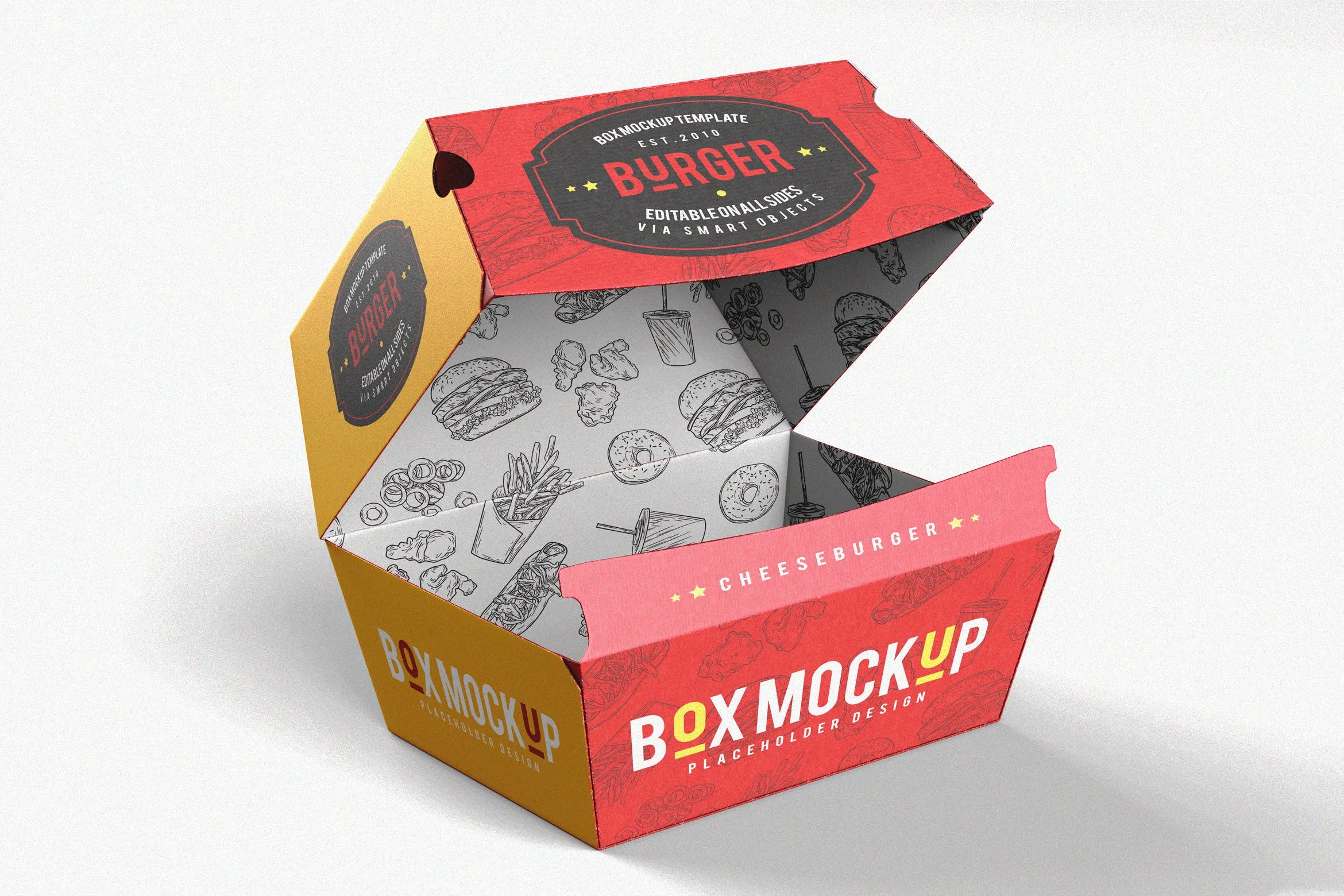 汉堡盒外卖外带包装设计样机模板 Takeaway Packaging Hamburger Box Mock-Up
